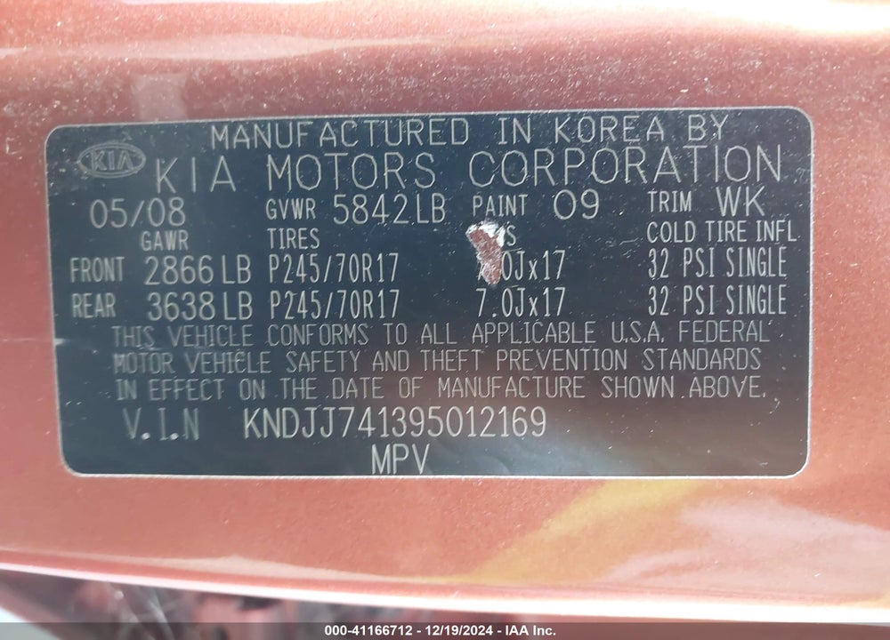 2009 KIA BORREGO LX VIN: KNDJJ741395012169