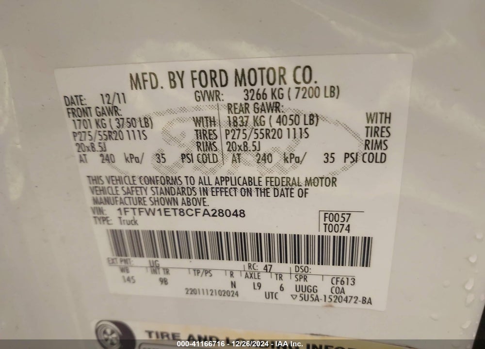 2012 FORD F-150 PLATINUM VIN: 1FTFW1ET8CFA28048