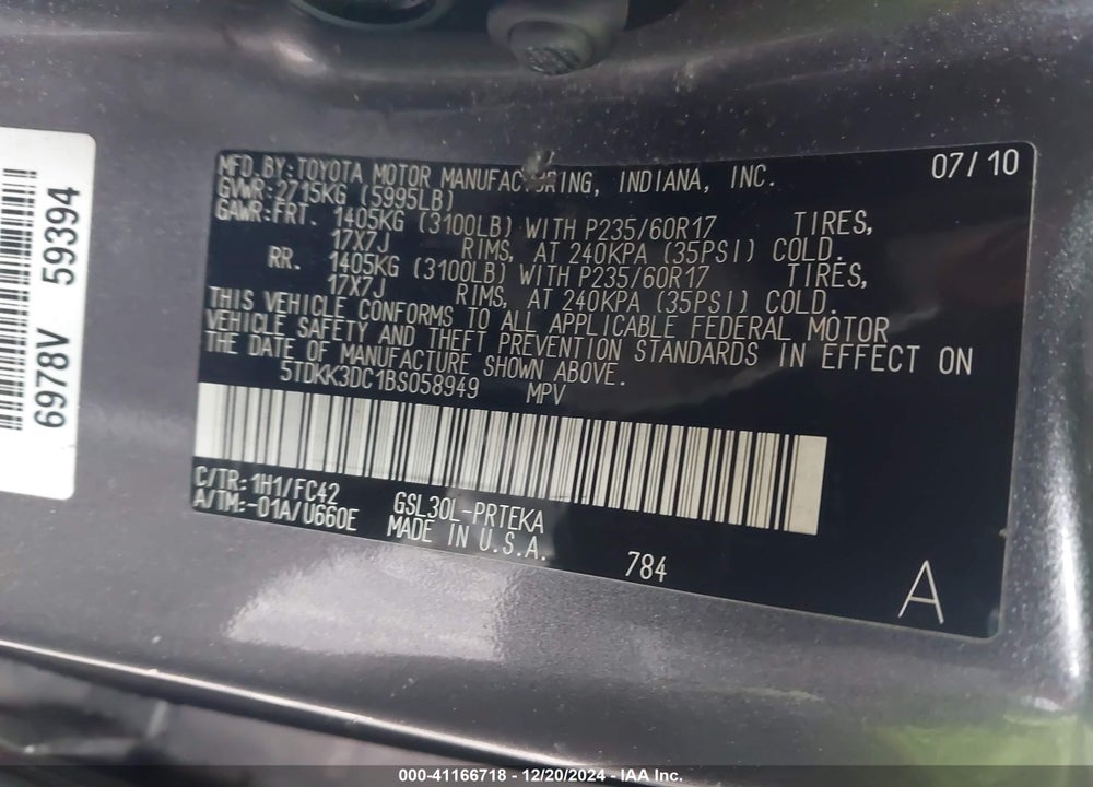 2011 TOYOTA SIENNA LE V6 VIN: 5TDKK3DC1BS058949