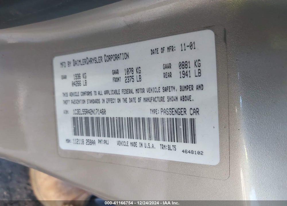 2002 CHRYSLER SEBRING LXI VIN: 1C3EL55R42N171460