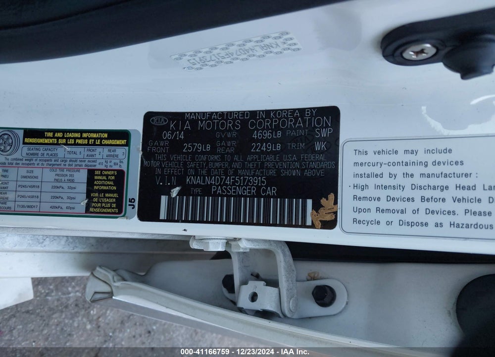 2015 KIA CADENZA VIN: KNALN4D74F5173915