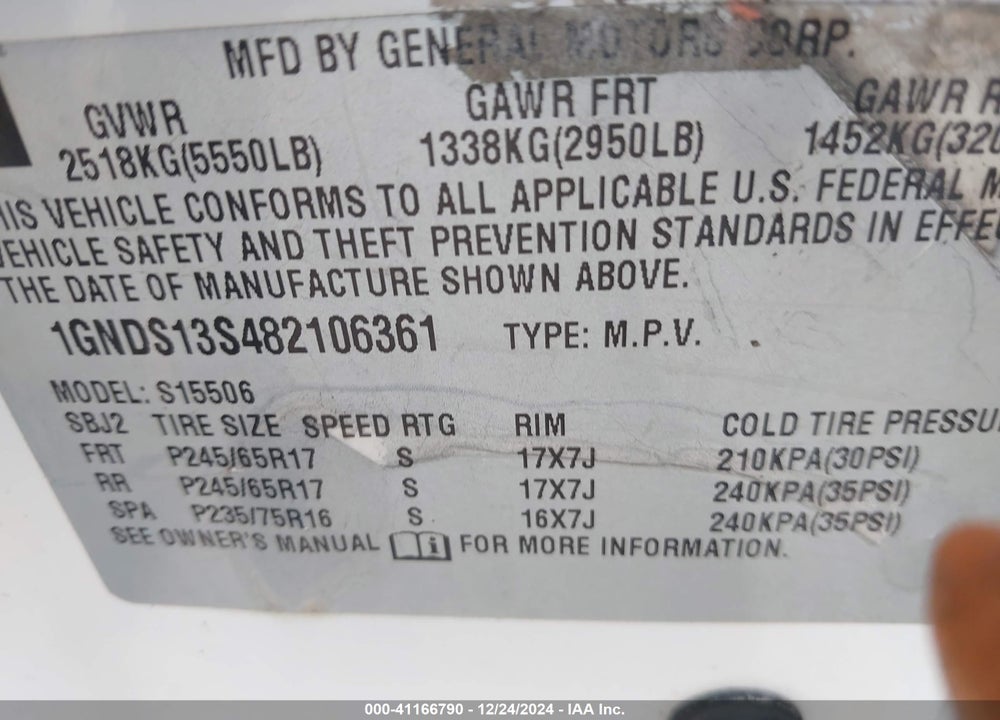 2008 CHEVROLET TRAILBLAZER FLEET VIN: 1GNDS13S482106361