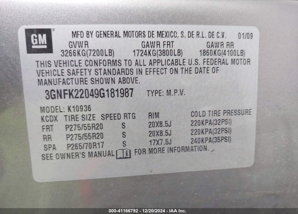 2009 CHEVROLET AVALANCHE 1500 VIN: 3GNFK22049G181987