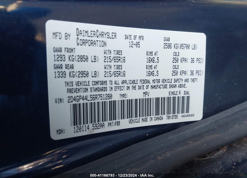 2006 DODGE GRAND CARAVAN SXT VIN: 2D4GP44L56R751280
