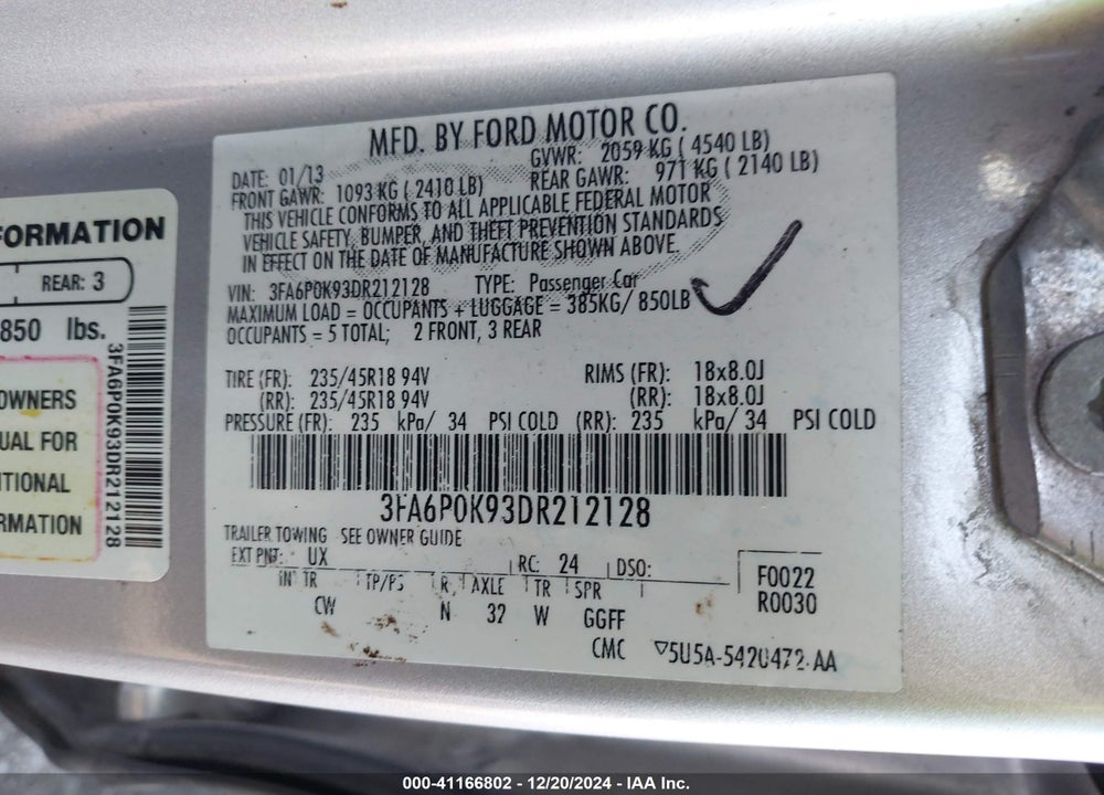 2013 FORD FUSION TITANIUM VIN: 3FA6P0K93DR212128
