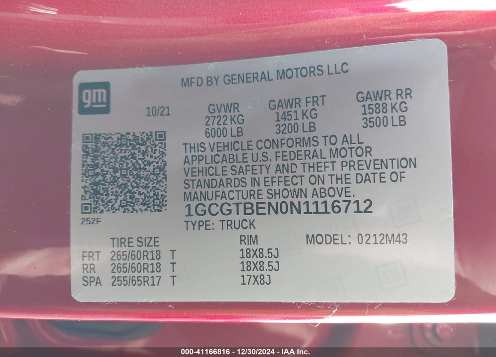 2022 CHEVROLET COLORADO 4WD SHORT BOX WT VIN: 1GCGTBEN0N1116712