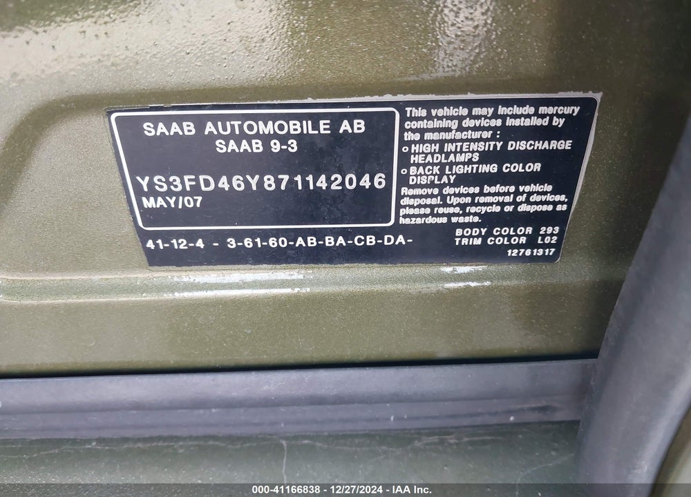 2007 SAAB 9-3 2.0T VIN: YS3FD46Y871142046
