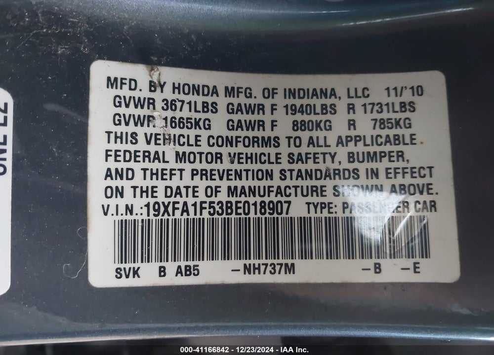 2011 HONDA CIVIC LX VIN: 19XFA1F53BE018907