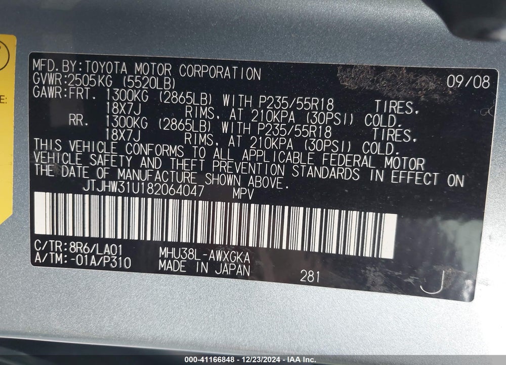 2008 LEXUS RX 400H VIN: JTJHW31U182064047