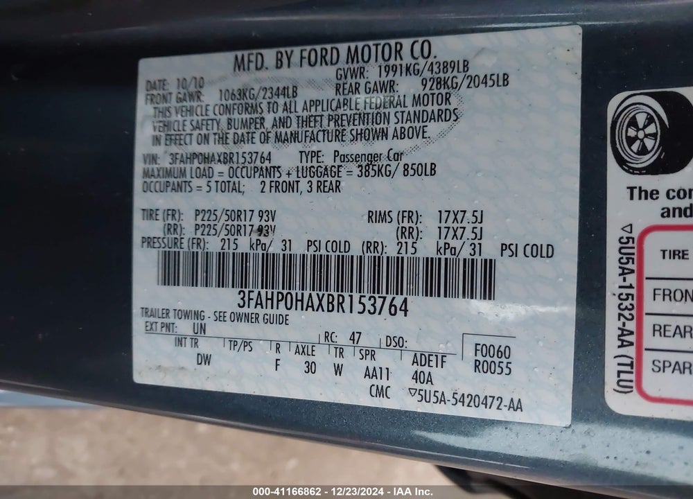 2011 FORD FUSION SE VIN: 3FAHP0HAXBR153764