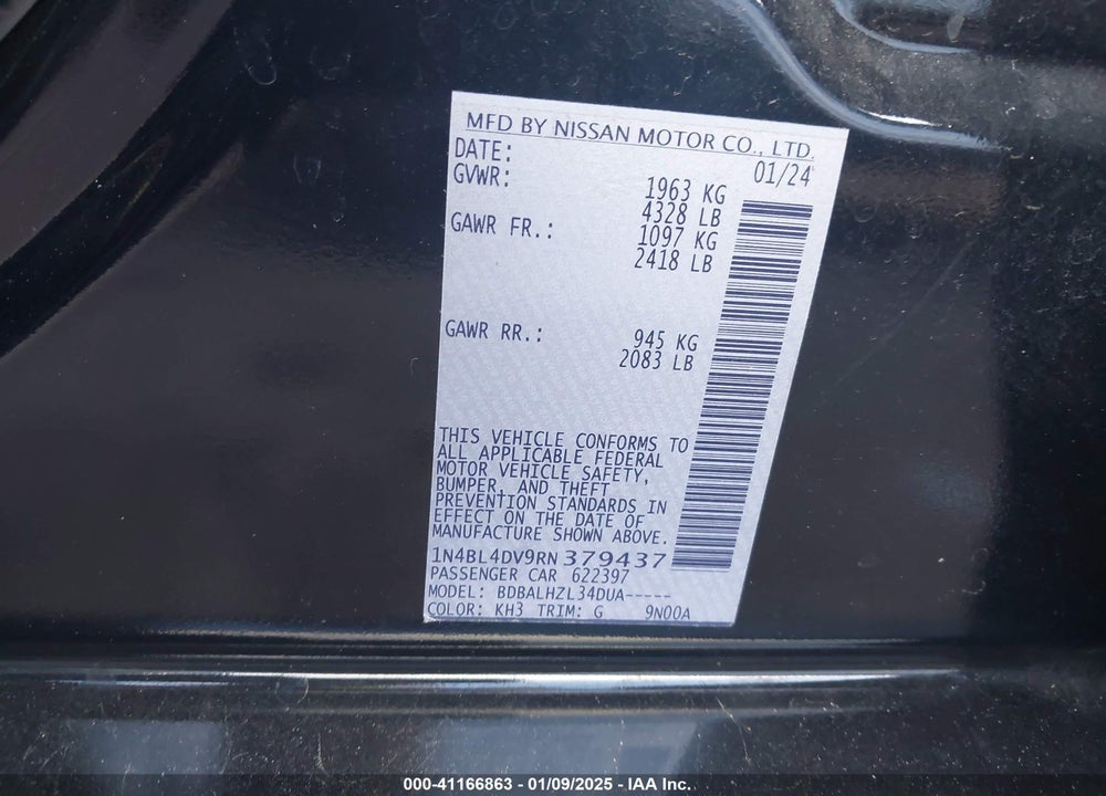2024 NISSAN ALTIMA SV FWD VIN: 1N4BL4DV9RN379437