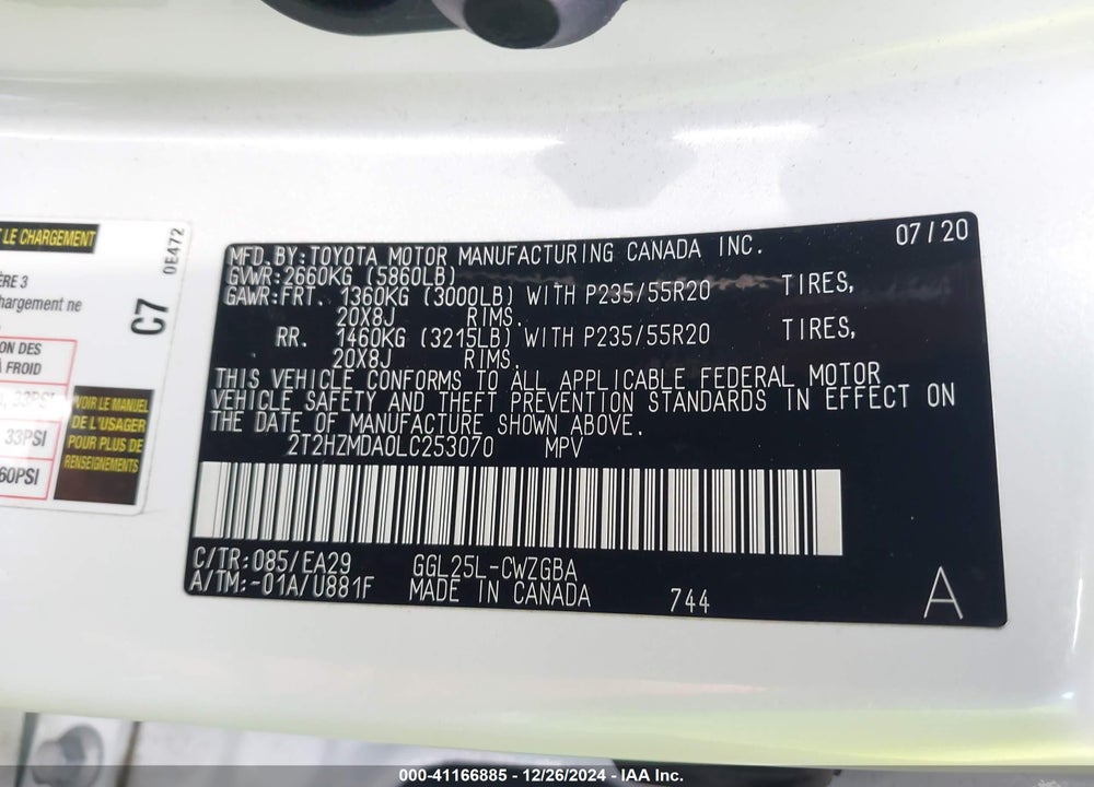 2020 LEXUS RX 350 VIN: 2T2HZMDA0LC253070