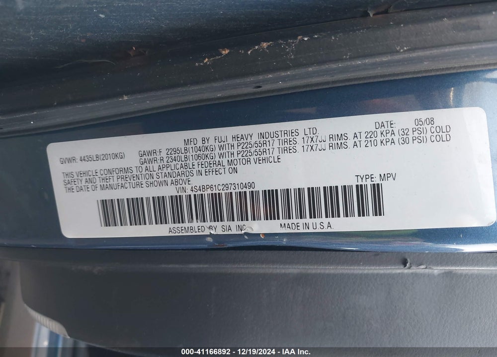 2009 SUBARU OUTBACK 2.5I VIN: 4S4BP61C297310490