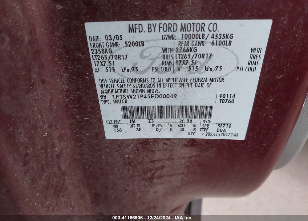 2005 FORD F-250 LARIAT/XL/XLT VIN: 1FTSW21P45ED00049