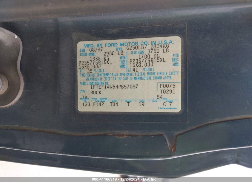 1987 FORD F150 VIN: 1FTEF14N5HPB57087