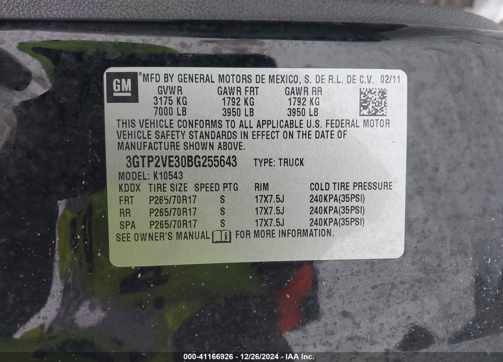 2011 GMC SIERRA 1500 VIN: 3GTP2VE30BG255643