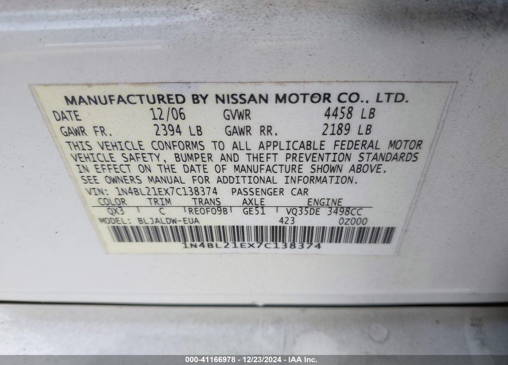 2007 NISSAN ALTIMA 3.5 SE VIN: 1N4BL21EX7C138374