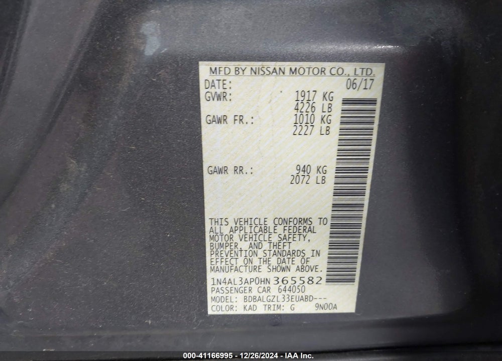 2017 NISSAN ALTIMA VIN: 1N4AL3AP0HN365582