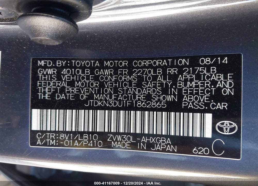 2015 TOYOTA PRIUS VIN: JTDKN3DU1F1862865
