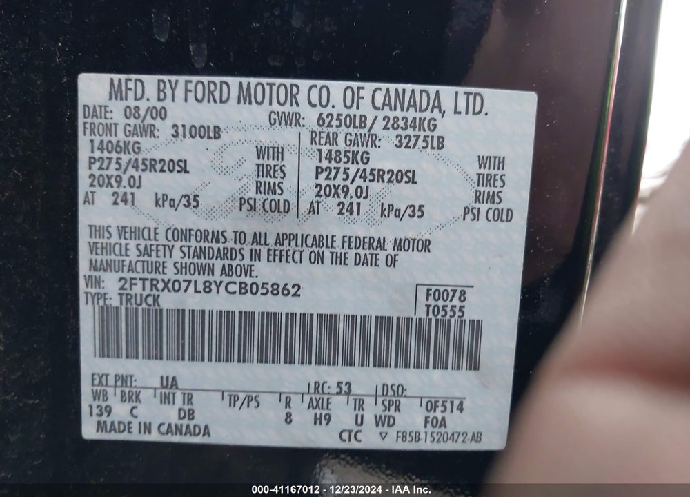 2000 FORD F-150 LARIAT/XL/XLT VIN: 2FTRX07L8YCB05862
