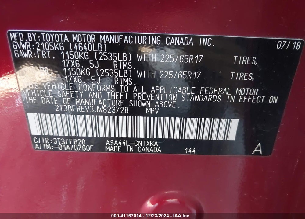 2018 TOYOTA RAV4 LE VIN: 2T3BFREV3JW823728