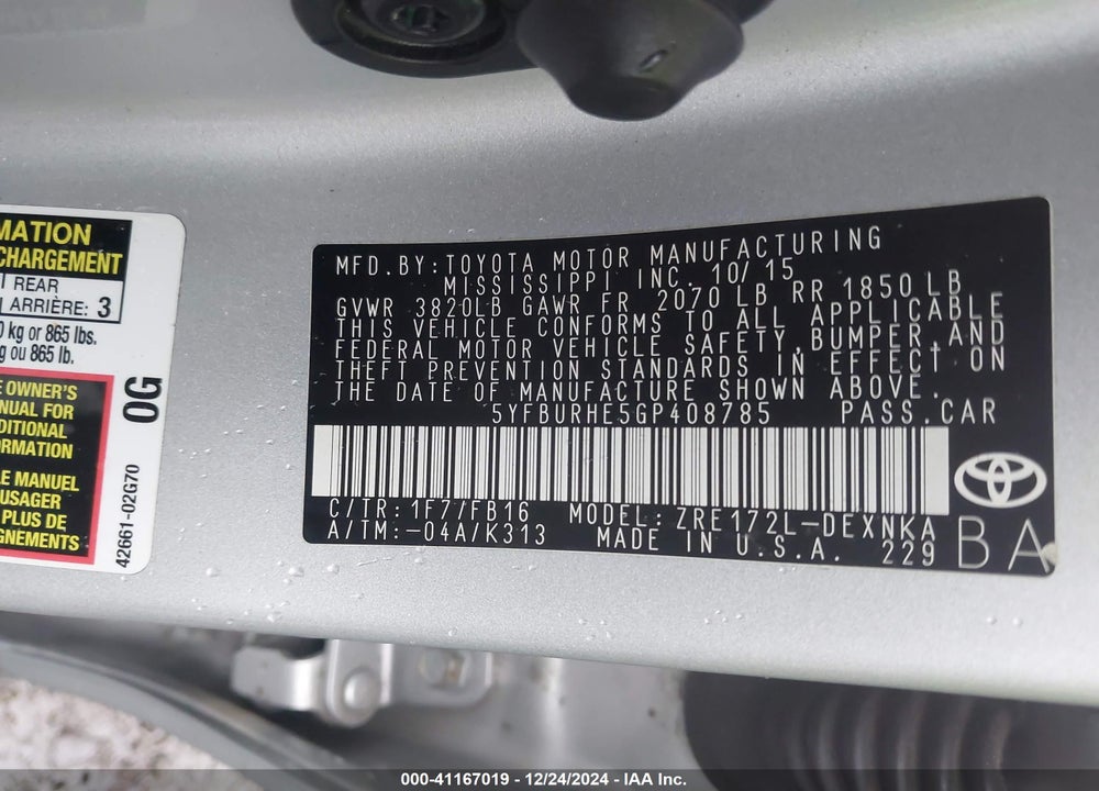 2016 TOYOTA COROLLA LE VIN: 5YFBURHE5GP408785