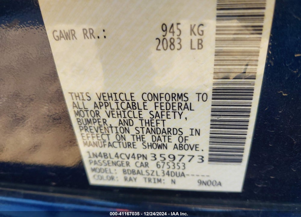 2023 NISSAN ALTIMA SR FWD VIN: 1N4BL4CV4PN359773