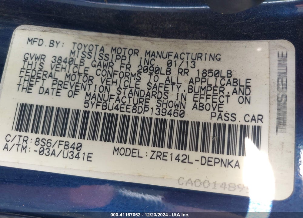 2013 TOYOTA COROLLA LE VIN: 5YFBU4EE8DP139460