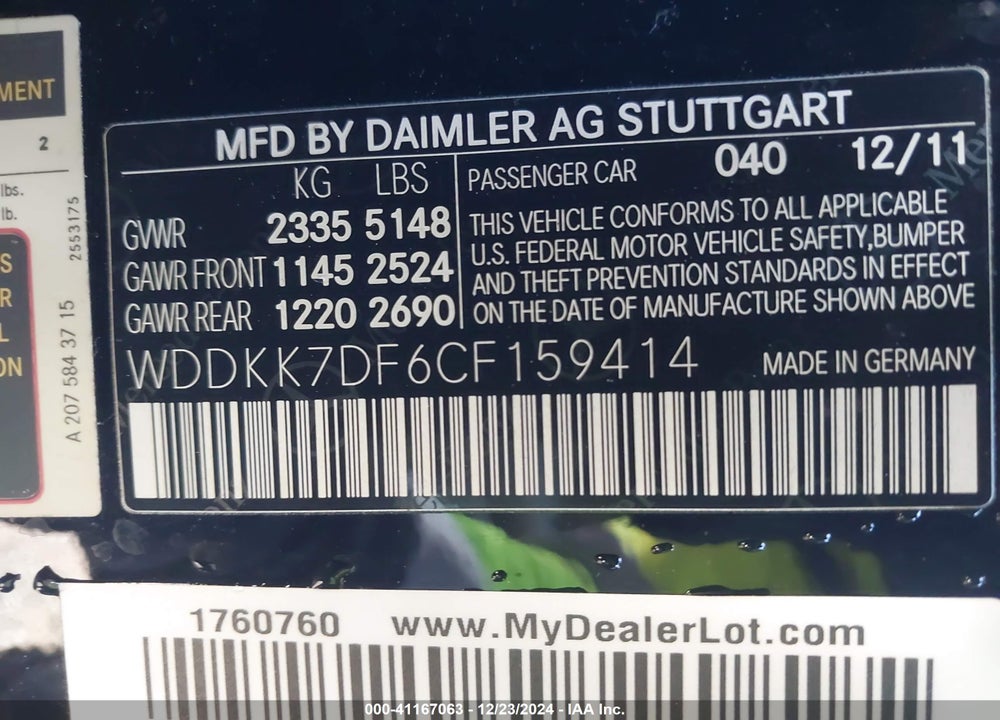 2012 MERCEDES-BENZ E 550 VIN: WDDKK7DF6CF159414