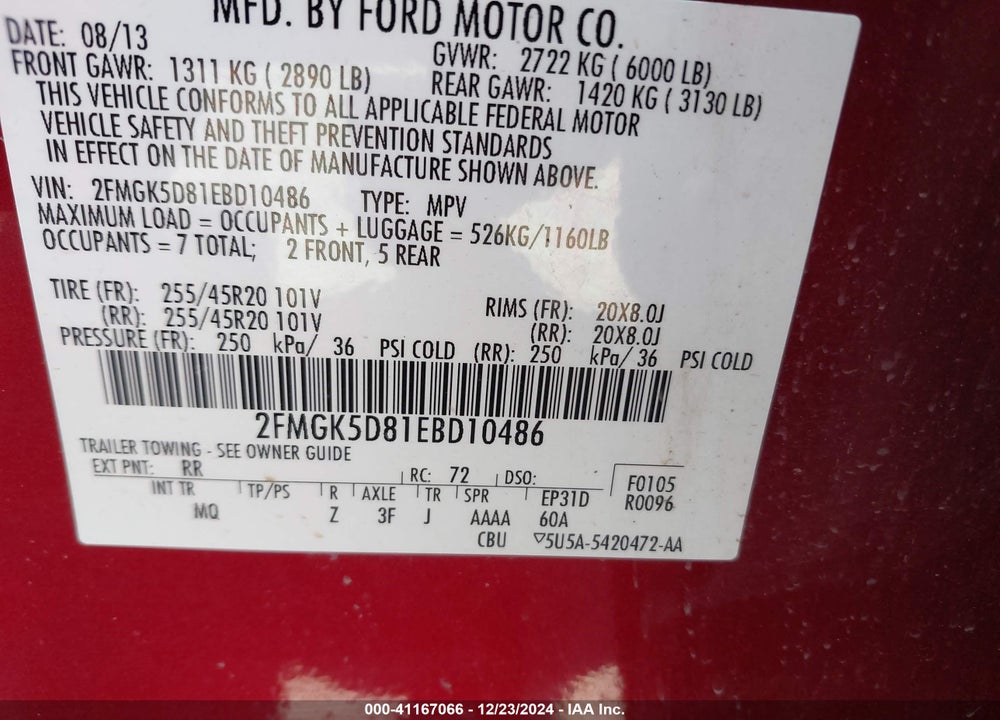 2014 FORD FLEX LIMITED VIN: 2FMGK5D81EBD10486