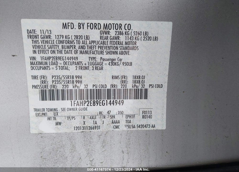 2014 FORD TAURUS SEL VIN: 1FAHP2E89EG144949