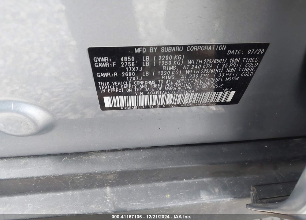 2020 SUBARU OUTBACK PREMIUM VIN: 4S4BTAECXL3246447