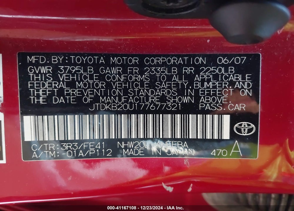 2007 TOYOTA PRIUS VIN: JTDKB20U177677321