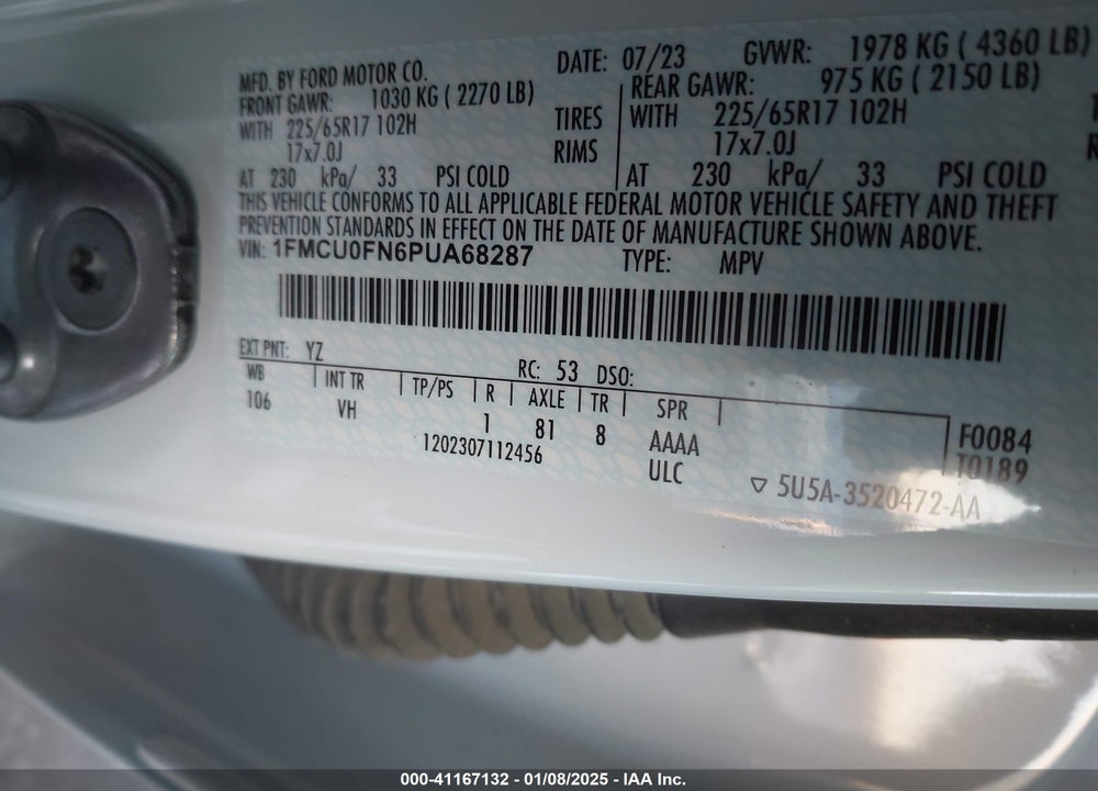 2023 FORD ESCAPE VIN: 1FMCU0FN6PUA68287