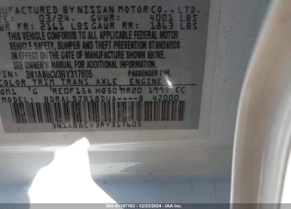 2024 NISSAN SENTRA SV XTRONIC CVT VIN: 3N1AB8CV3RY317605
