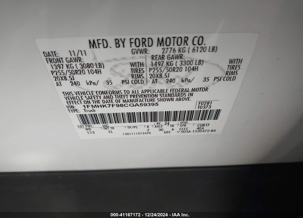 2012 FORD EXPLORER VIN: 1FMHK7F98CGA59395