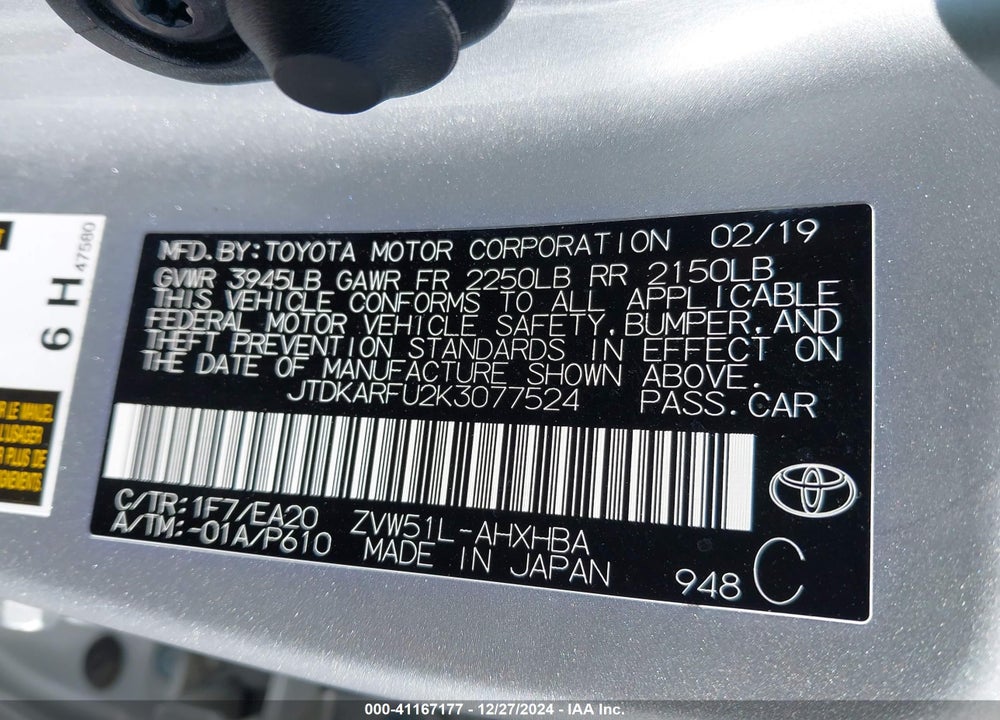 2019 TOYOTA PRIUS VIN: JTDKARFU2K3077524