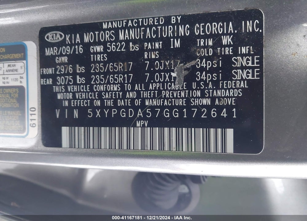 2016 KIA SORENTO 3.3L LX VIN: 5XYPGDA57GG172641