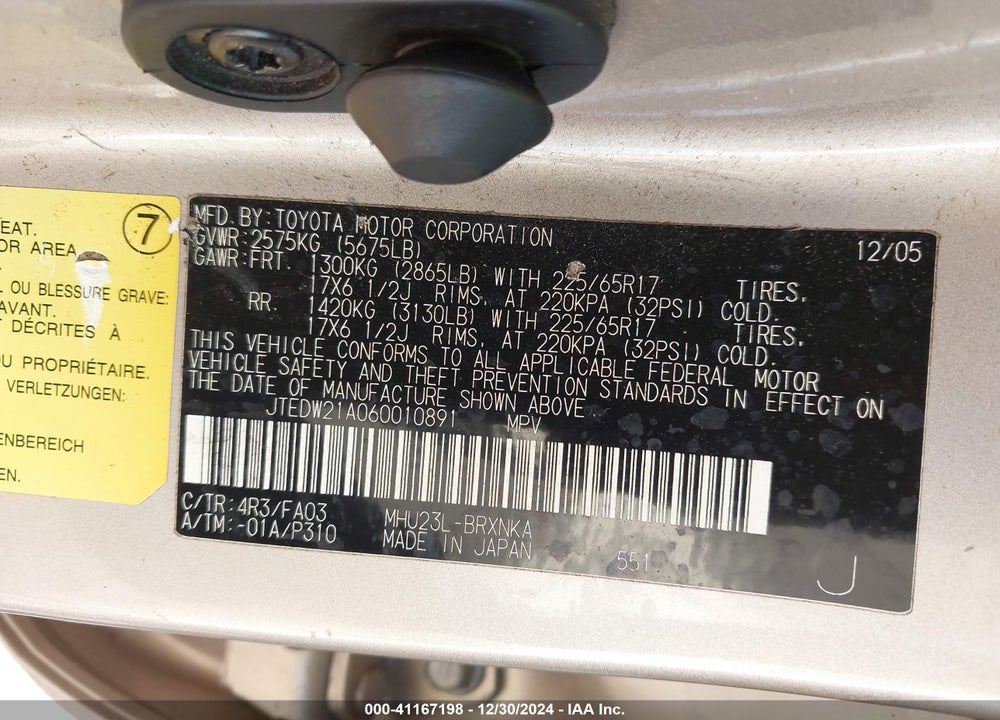 2006 TOYOTA HIGHLANDER HYBRID V6 VIN: JTEDW21A060010891