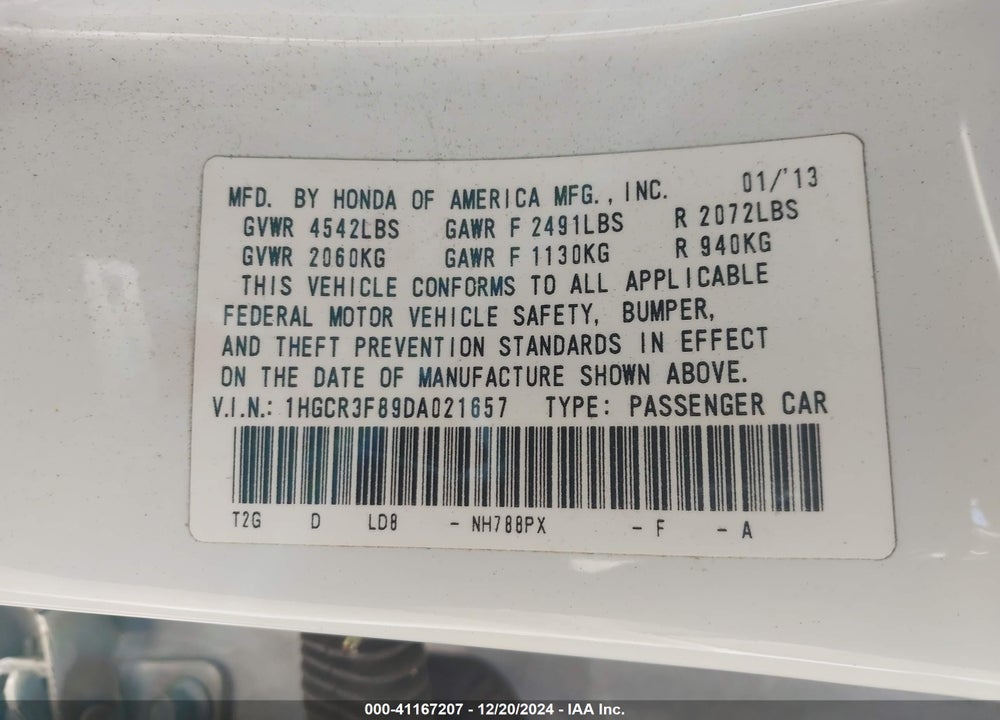 2013 HONDA ACCORD VIN: 1HGCR3F89DA021657