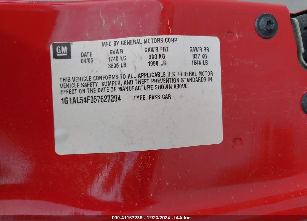 2005 CHEVROLET COBALT LS VIN: 1G1AL54F057627294