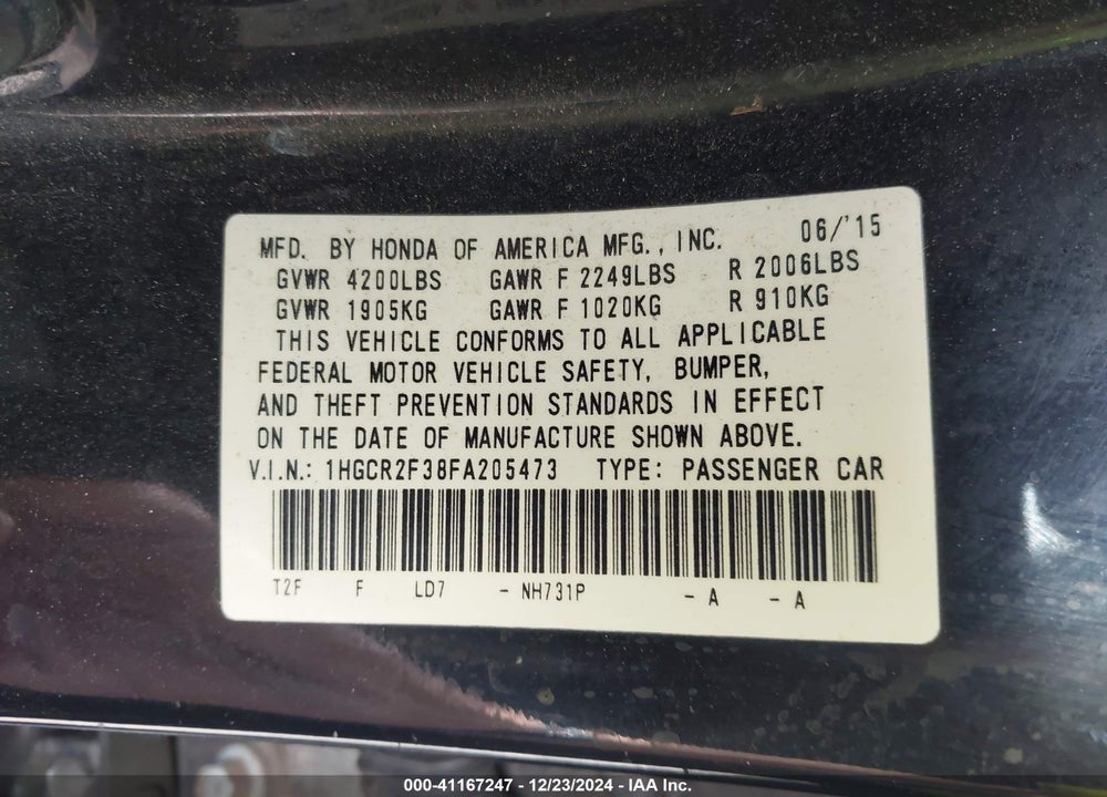 2015 HONDA ACCORD VIN: 1HGCR2F38FA205473