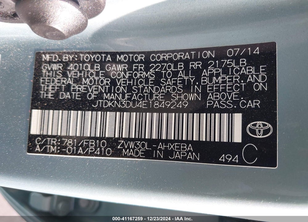 2014 TOYOTA PRIUS VIN: JTDKN3DU4E1849249