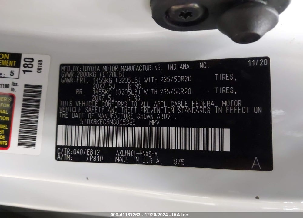 2021 TOYOTA SIENNA XSE VIN: 5TDXRKEC6MS005385