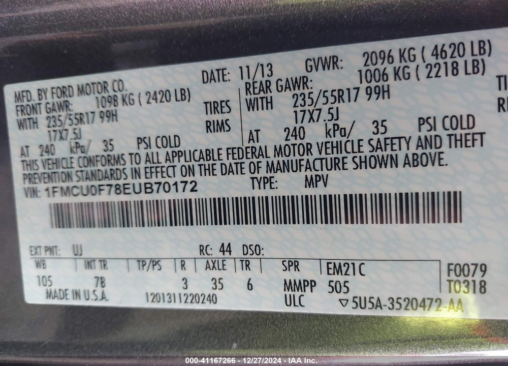 2014 FORD ESCAPE S VIN: 1FMCU0F78EUB70172