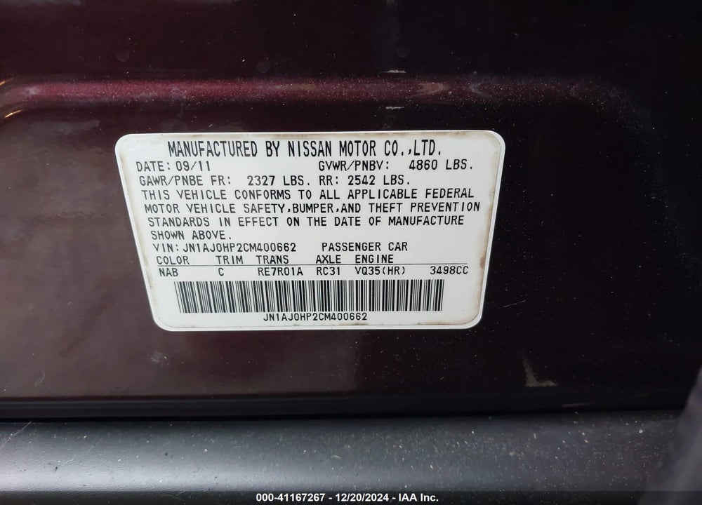 2012 INFINITI EX35 JOURNEY VIN: JN1AJ0HP2CM400662
