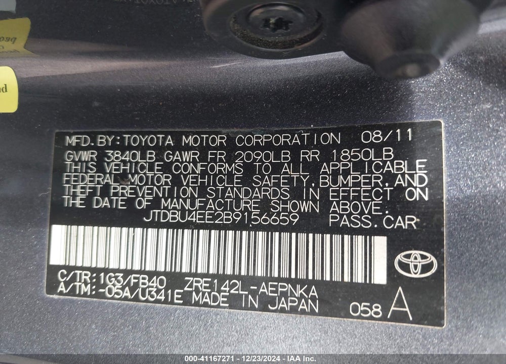 2011 TOYOTA COROLLA VIN: JTDBU4EE2B9156659