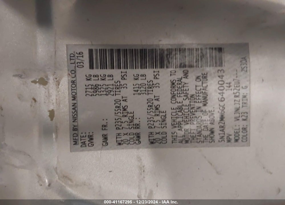2016 NISSAN PATHFINDER PLATINUM VIN: 5N1AR2MM6GC640043