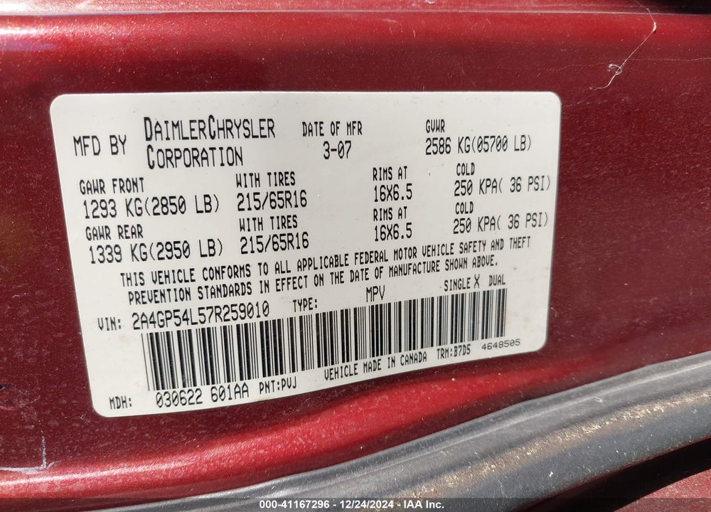 2007 CHRYSLER TOWN & COUNTRY TOURING VIN: 2A4GP54L57R259010