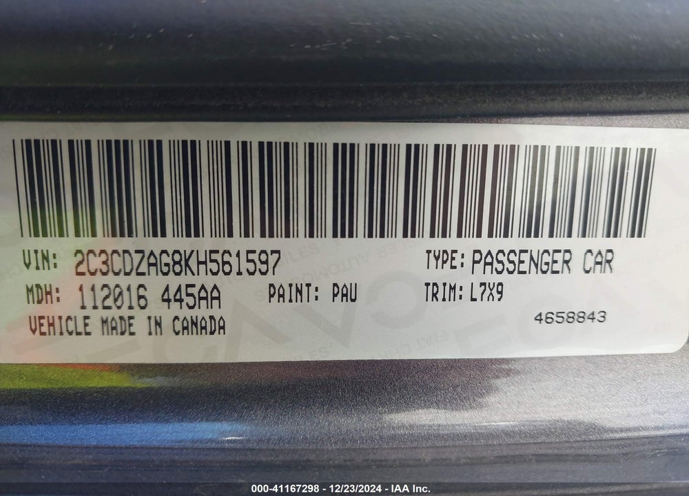 2019 DODGE CHALLENGER VIN: 2C3CDZAG8KH561597